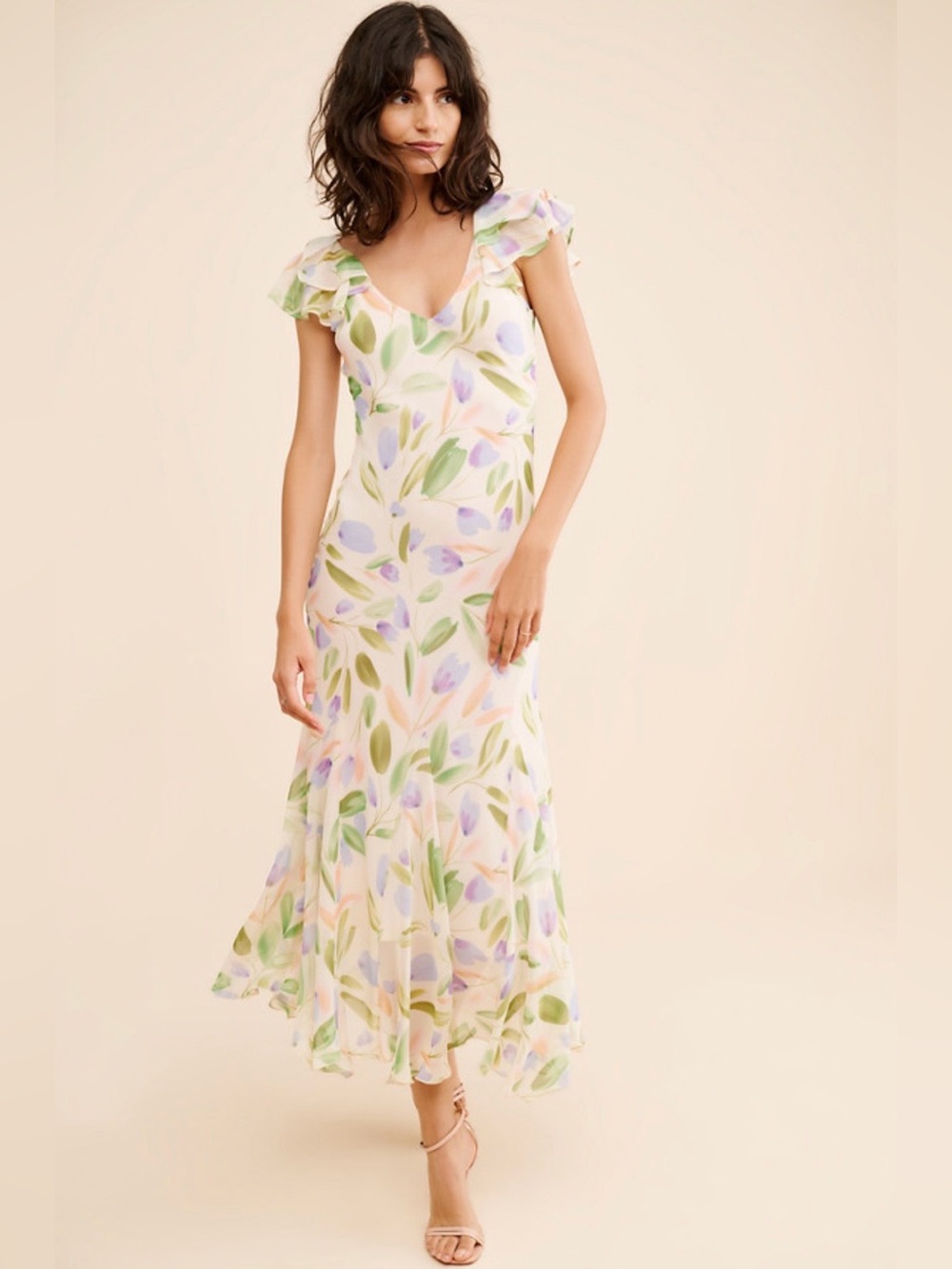 ASTR The Label Pastel Floral Ruffle-Sleeve Maxi Dress in Cream, Green, Lavender